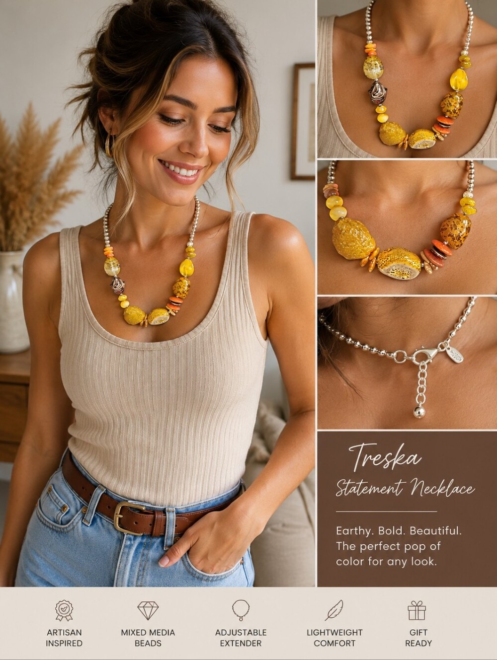 Treska Yellow Orange Statement Beaded Necklace Boho Artisan Adjustable